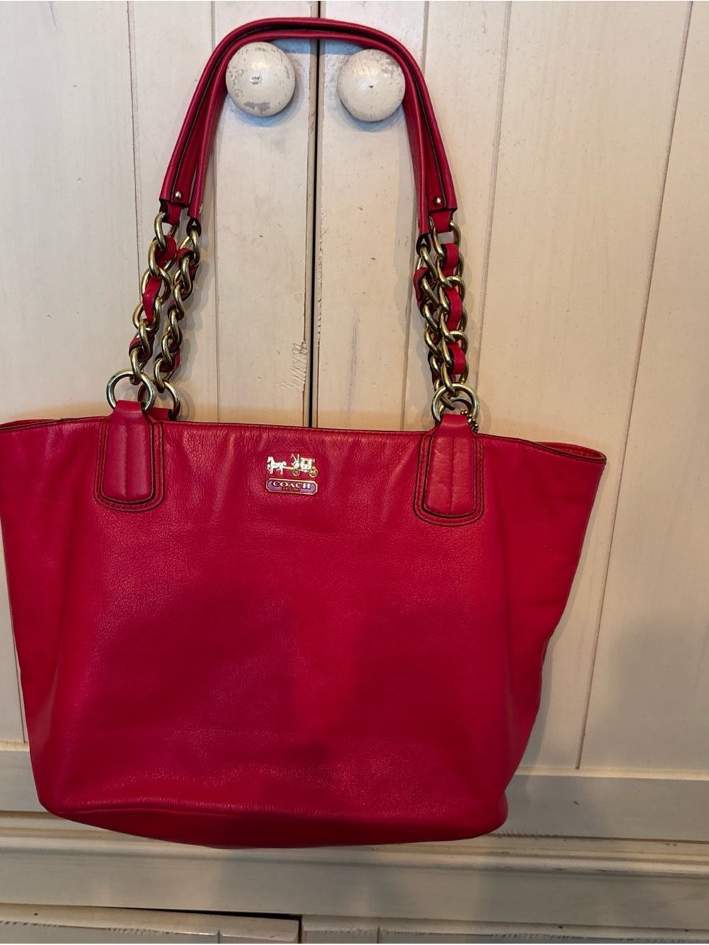 Coach Leather Madison Tote in punch pink  with Chain-Strap Detail. 16/10”